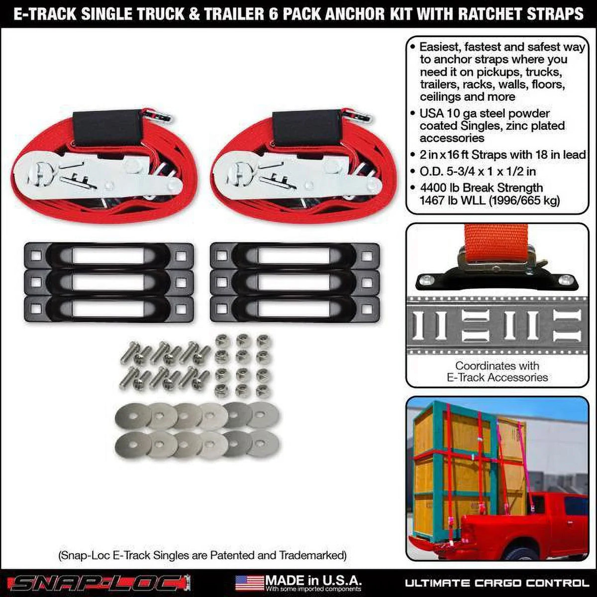 lb Single Trailer Truck Tie-Down 16 with 6-Pack Anchor x in 2 Ratchet Straps Kit SNAP-LOC 4,400 ft E-Track