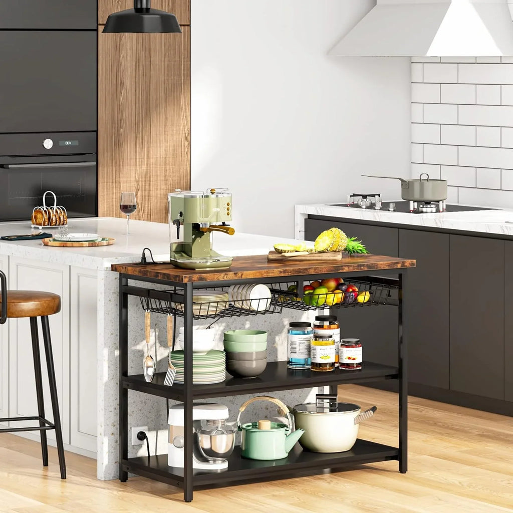 Stckjxx Kitchen Island With Industrial Island Table With Power Outlets And Wire Baskets 3 Tier Microwave Oven Stand Butcher Block Island With Large Worktop 4 Hooks Rustic Brown