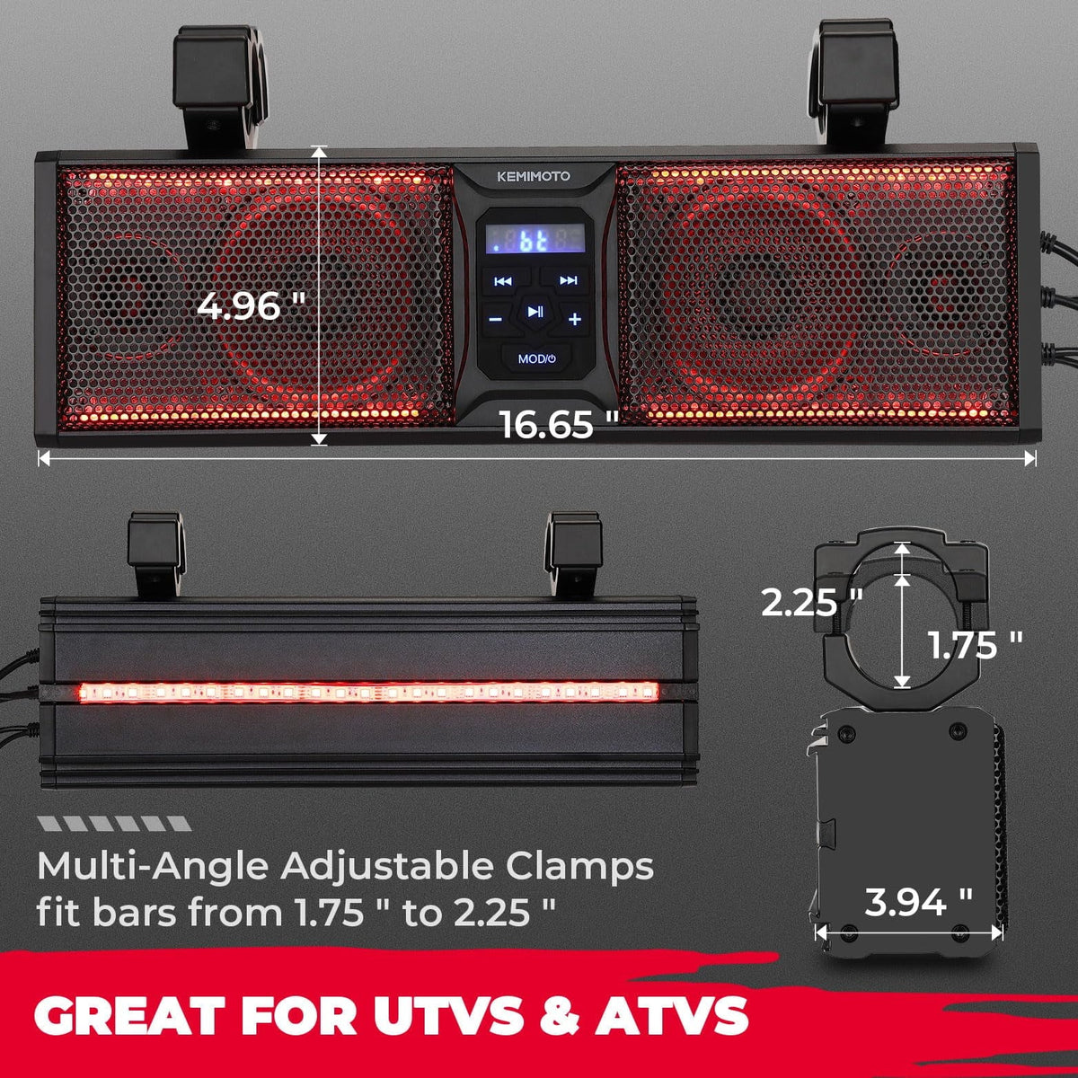 Sound kemimoto Connectivity Defender Waterproof Sound Lighting UTV Ranger Maverick UTV with Bar ATV LED Polaris System with Can-Am SXS Bluetooth RZR Multicolor Compatible Speakers SoundBar Inch 16