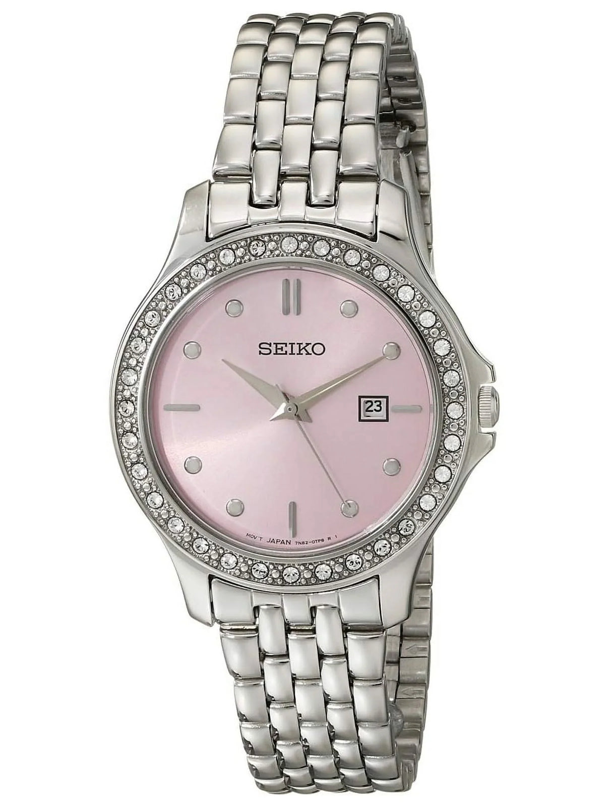 Seiko Women'S Sxdf89 Dress Pink Dial Steel Bracelet Swarovski Crystal Watch