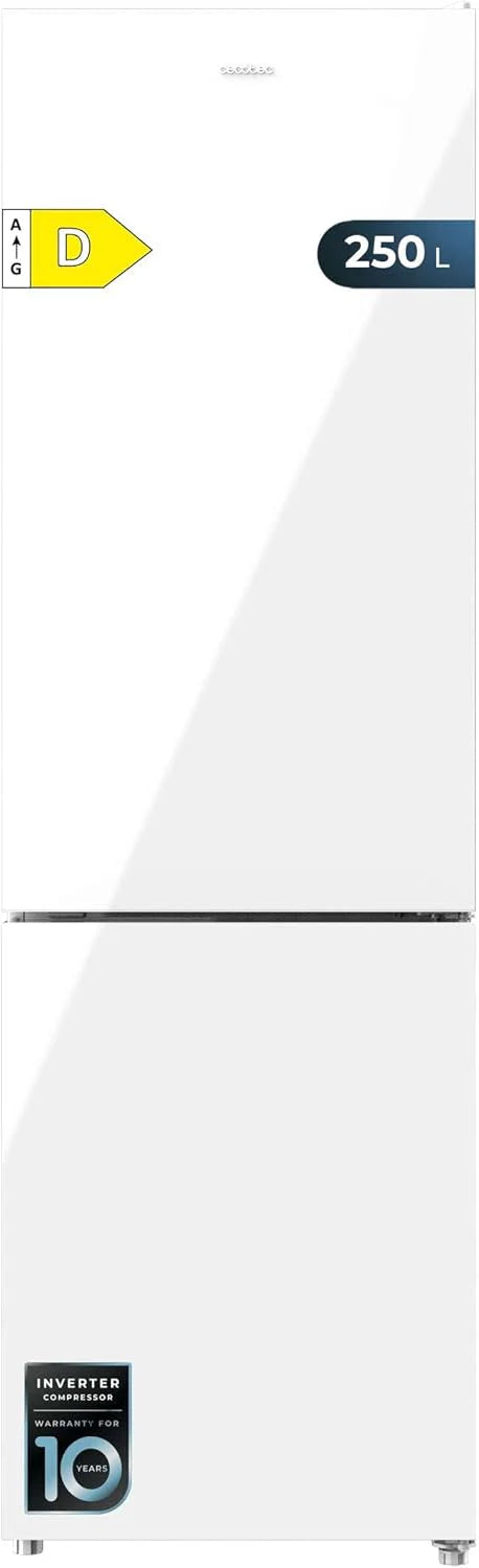 Cecotec Lodówka Kombi Bolero Coolmarket Combi 250 White Glass D Inverter Plus Kompresor, Białe Szkło 180 X 55 Cm, 250 L, No Frost, Klasa Energetyczna