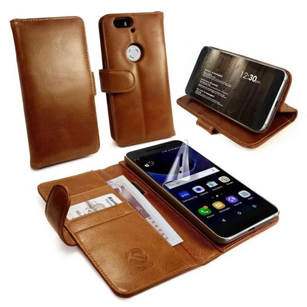 Brown 6P Huawei Nexus Screen for - Protector Cover C1-89 Free Vintage Case Leather Wallet