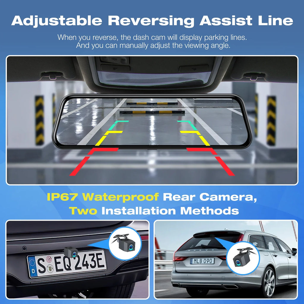 Toguard Backup Camera Rear View Mirror Camera, 10" Touch Screen 4K+1080P Front And Rear Dash Cam, With 64Gb Memory Card, Parking Assist, Parking Monitoring, Gps