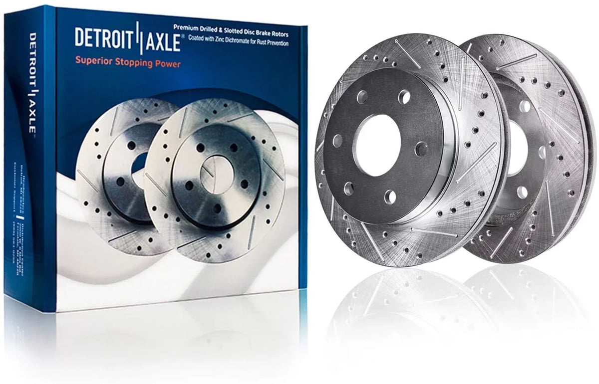 Detroit Axle - Brake Kit For 2012-2020 Ford F-150 Drilled & Slotted Disc Brake Rotors And Ceramic Brakes Pads 2013 2014 2015 2016 2017 2018 2019 Front And Rear Replacement