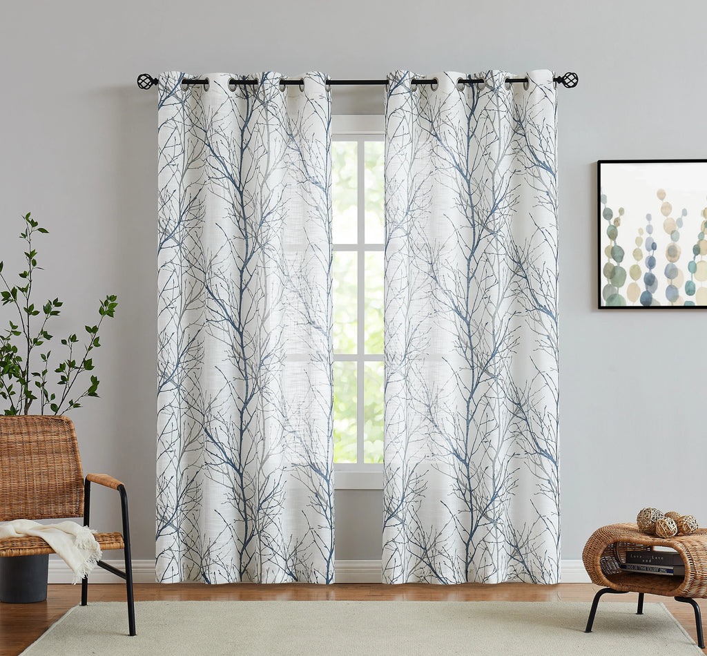 Curtain Textured Sheer Branches Linen Bedroom, Semi Blue for Grommet, Tree 52"x84"x2 Living White Curtain Print Sheer for Decoultimatex Panels Room Window Set Drapes Gray