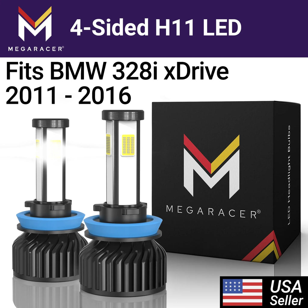 Mega Racer Bmw 328I Xdrive 4 Sided H11 H9 H8 Led Headlight Bulbs 6000K Diamond White 12V 60W 10000Lm Bmw 328I Xdrive 2011 2012 2013 2014 2015 2016 11 12 13 14 15 16 Fog Lamp Automotive Replacement