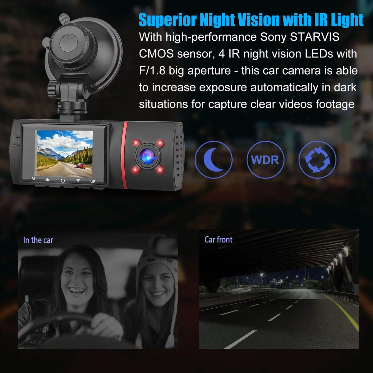 1080P Car Dual Dash Cam, Eeekit Car Front And Inside Dvr Dashboard Camera With Night Vision, 170° Wide Angle, 2" Ips Screen, Car Driving Recorder With Wdr, G-Sensor, Loop Recording, Parking Monitor
