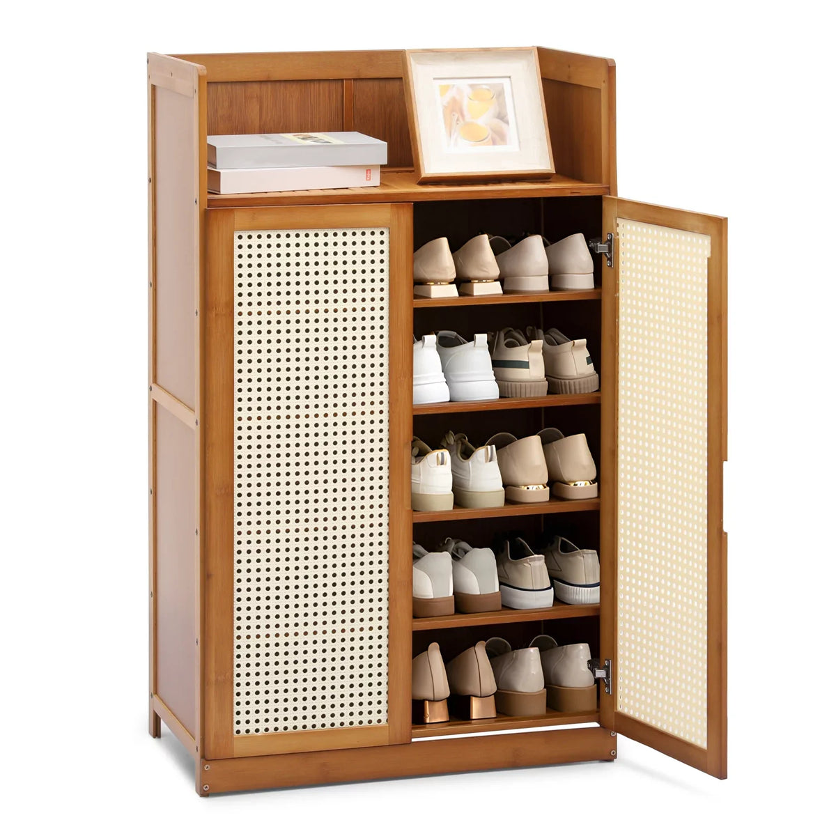 20 MoNiBloom ABS Storage Organizer with Cabinet Brown Shoe with Bamboo Cabinet, Wide Pairs Rattan Sneakers and Shelves, Heels Shoe 6-Tiers Rack Doors, Countertop