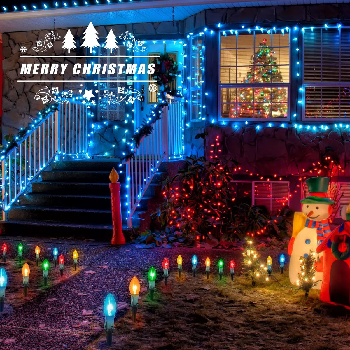 Alljoy Christmas Lights Outdoor C9 Christmas Pathway Lamp Patio Driveway Walkway Yard Stakes 51.5 Feet (2Sets)