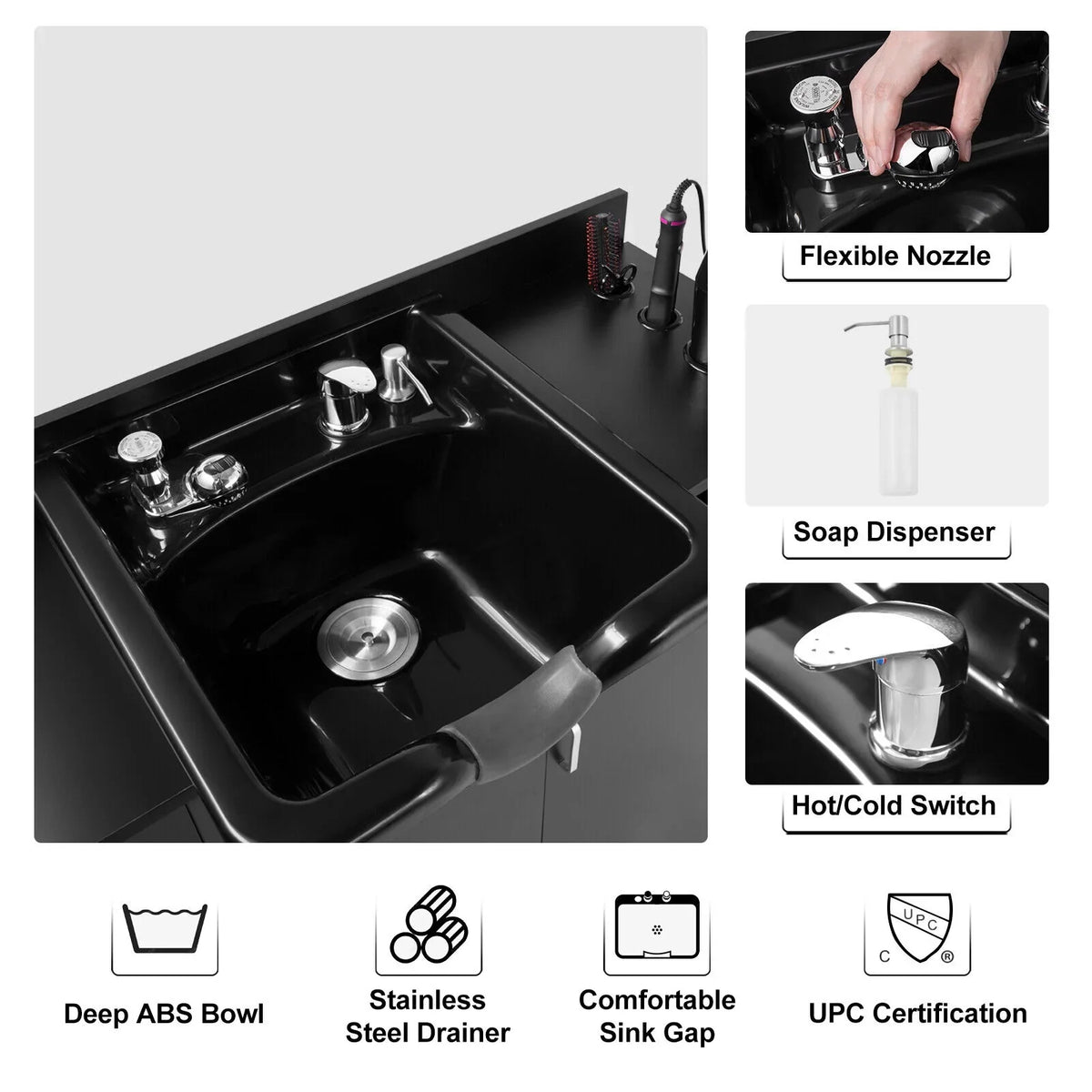 Station Sink with Artist Holes,P hand Shampoo Trap,Drawer(Black) Hair Beauty USB,Hair Salon Backwash Dryer