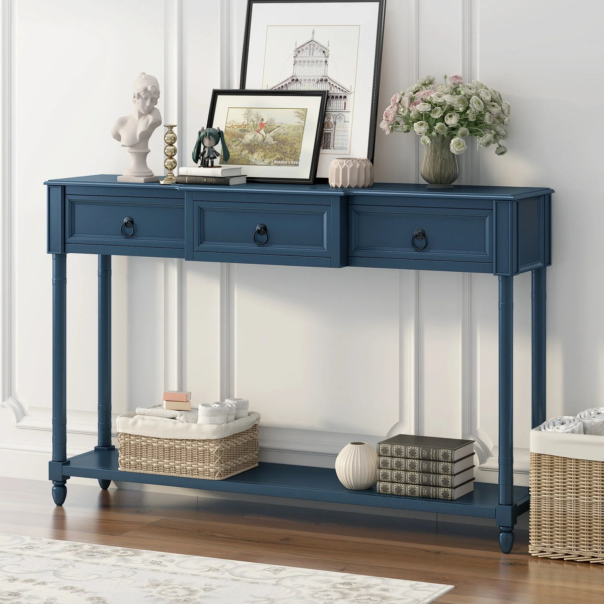 Table SKU: Drawers for Drawers Projecting Table and (Antique Shelf Entryway OLD Long WF189574AAM) Console with Navy, Sofa with