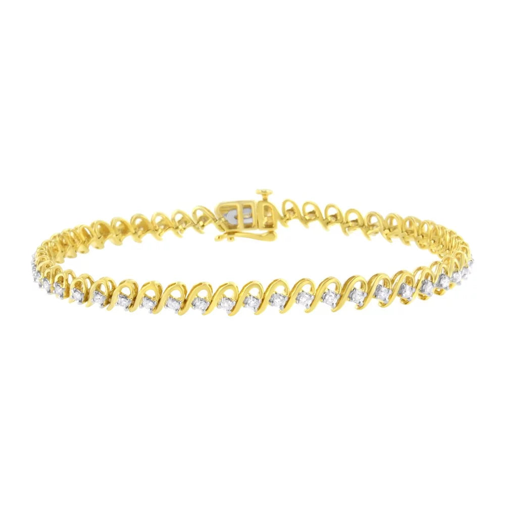 10K Yellow Gold Plated .925 Sterling Silver 1.0 Cttw Diamond Alternating Wave And Round Link Tennis Bracelet (I-J Color, I2-I3 Clarity) - 7.25"