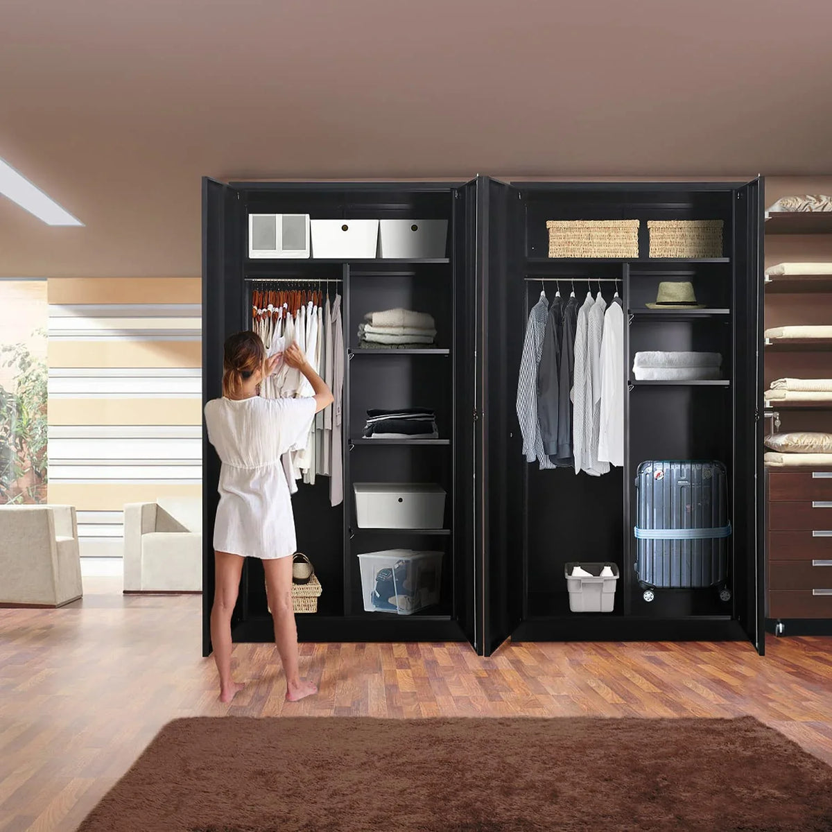 Hoomhibiu Metal Cabinets Locker With Locking Door 72'' Clothing Coat Steel Wardrobe Cabinet With Lock And Shelves For Office Home Garage Employee Freestanding (Black)