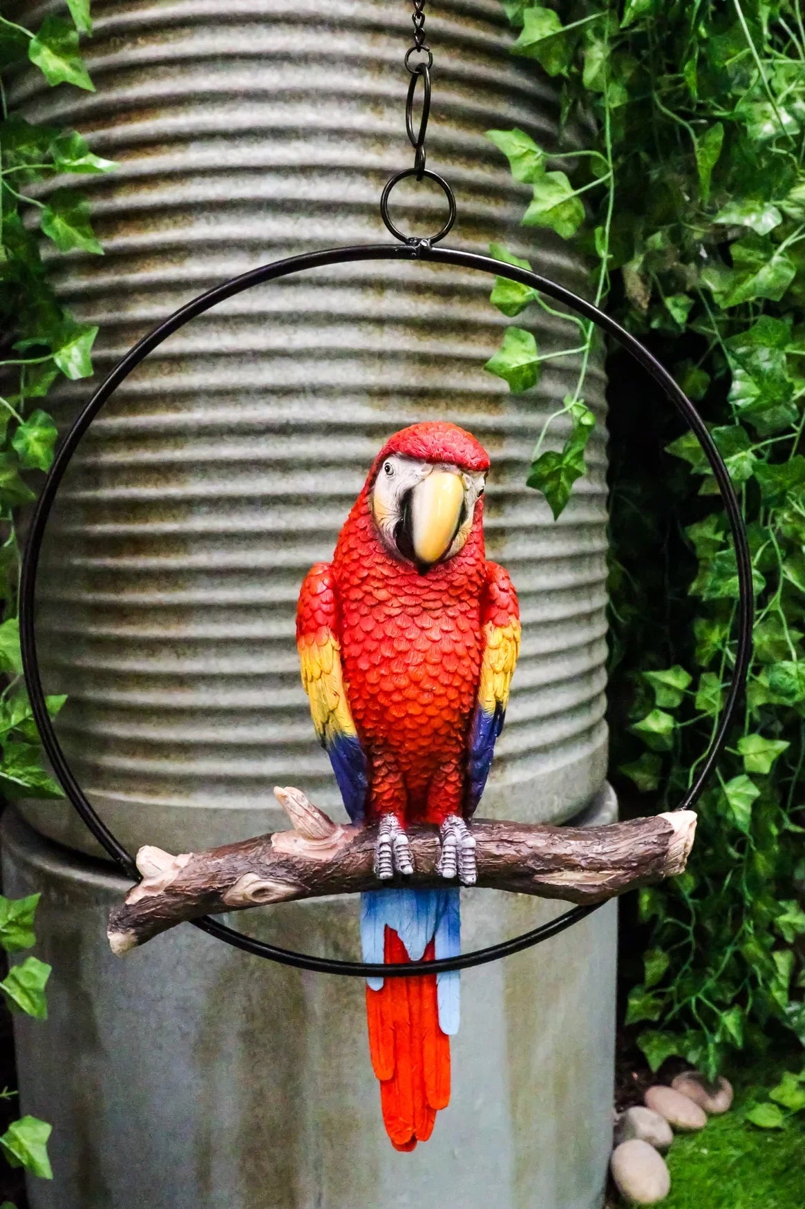 13.5"H on Scarlet Metal Hanging Round in Perching Macaw Ebros Parrot Branch Ring