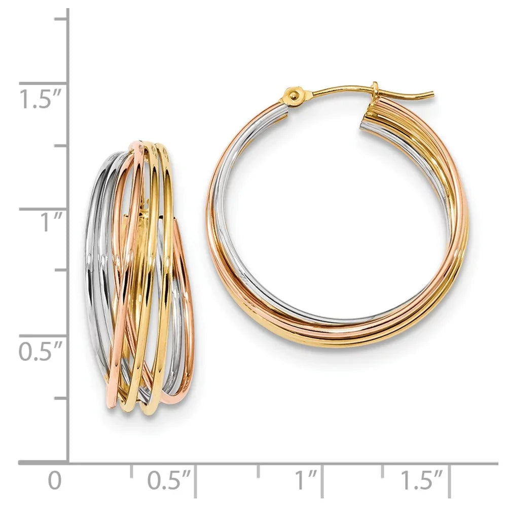 Real 14Kt Tri-Color Fancy Hollow Tube Hoops; For Adults And Teens; For Women And Men