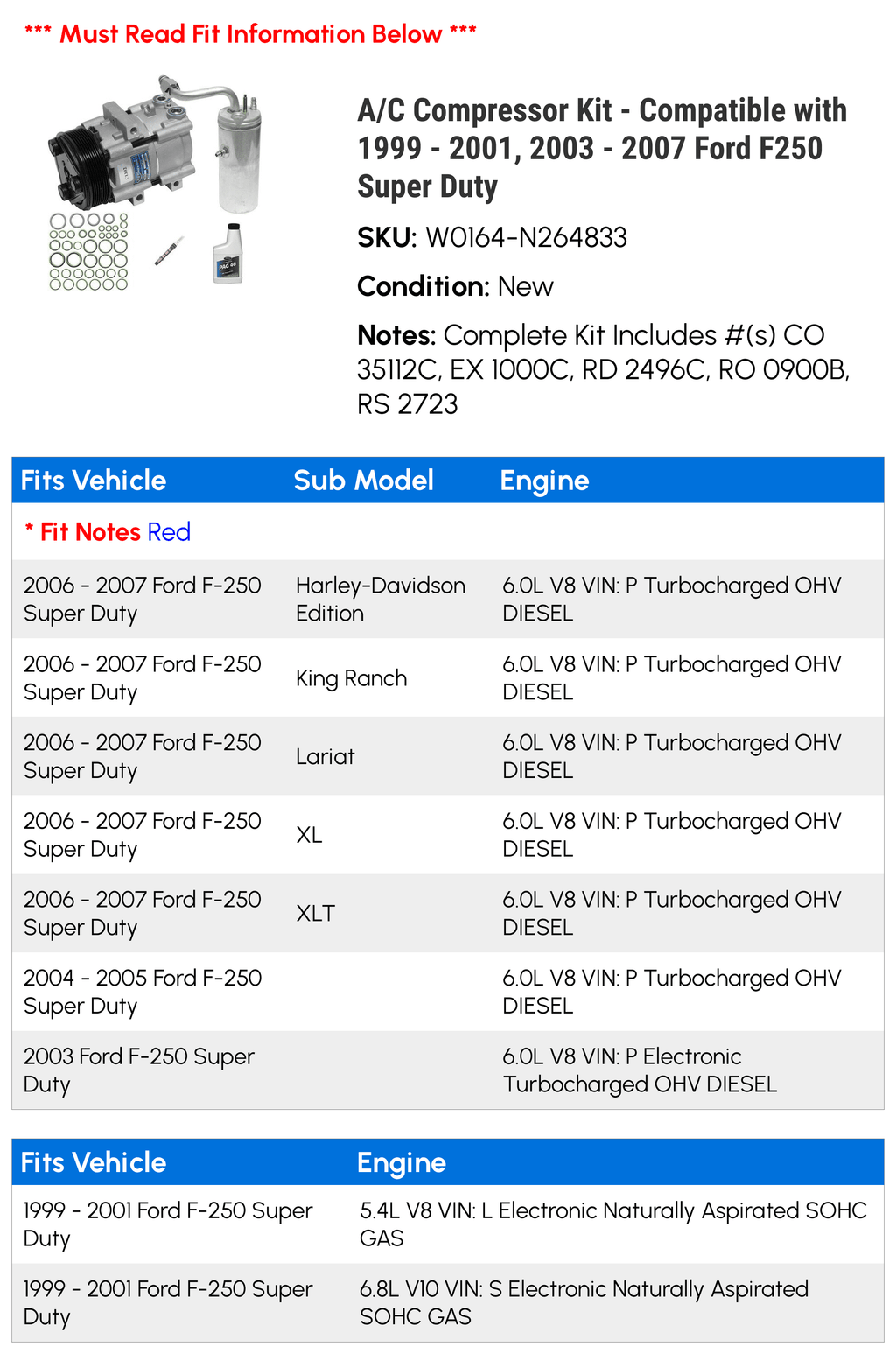 A/C Compressor Kit - Compatible With 1999 - 2001, 2003 - 2007 Ford F250 Super Duty 2000 2004 2005 2006