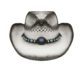 White Tea Stain Cowboy Straw Hat W/ Turquoise Azure Beads Women Western Cowgirl