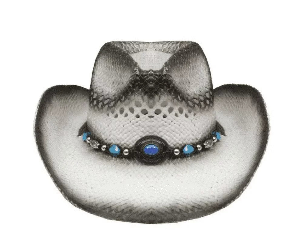White Tea Stain Cowboy Straw Hat W/ Turquoise Azure Beads Women Western Cowgirl