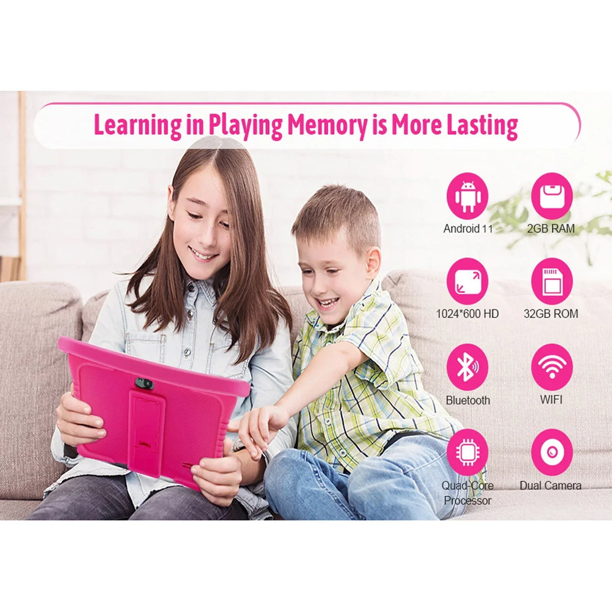 Android 11 Kids Tablet,Kids Learning Tablet,Antemper 7 Inch Kids Tablet,32Gb Storage,Toddler Tablet With Bluetooth, Wifi,Parental Control, Hd Dual Camera,Google Play, Pink