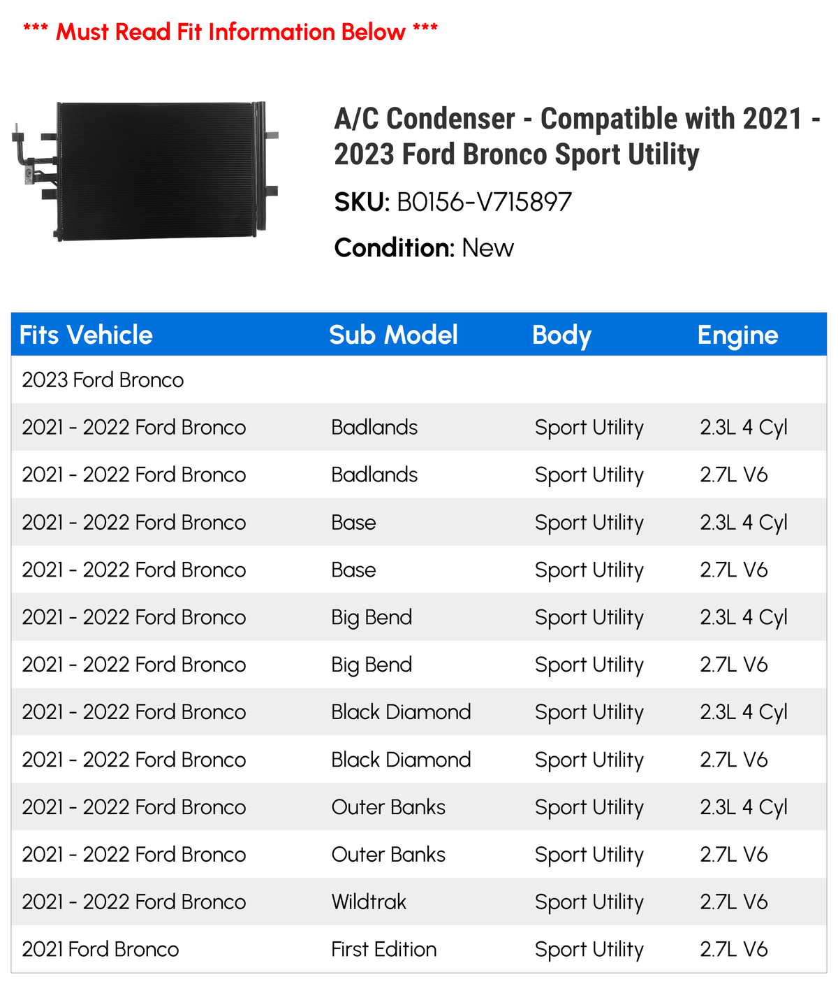 A/C Condenser - Compatible With 2021 - 2023 Ford Bronco Sport Utility 2022