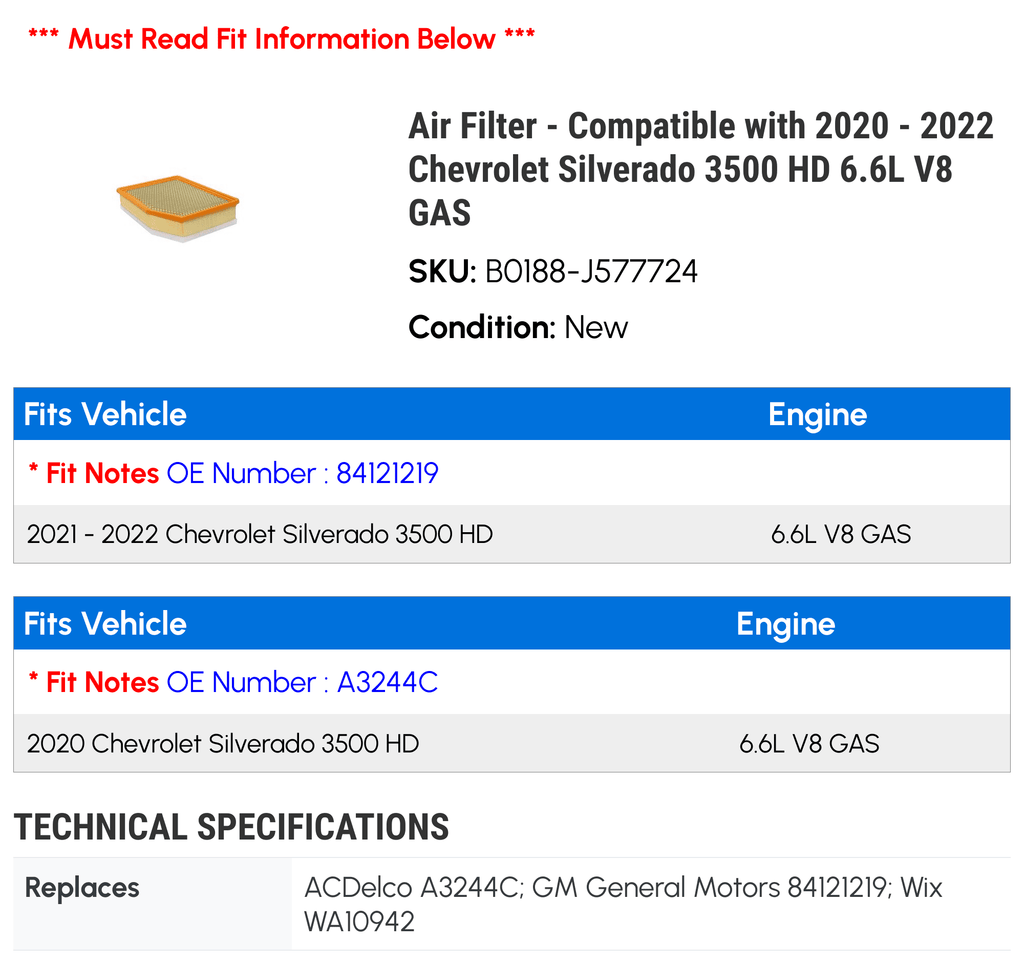 '- Compatible - 2021 GAS 2020 3500 Silverado Air 6.6L Filter with HD Chevy V8 2022