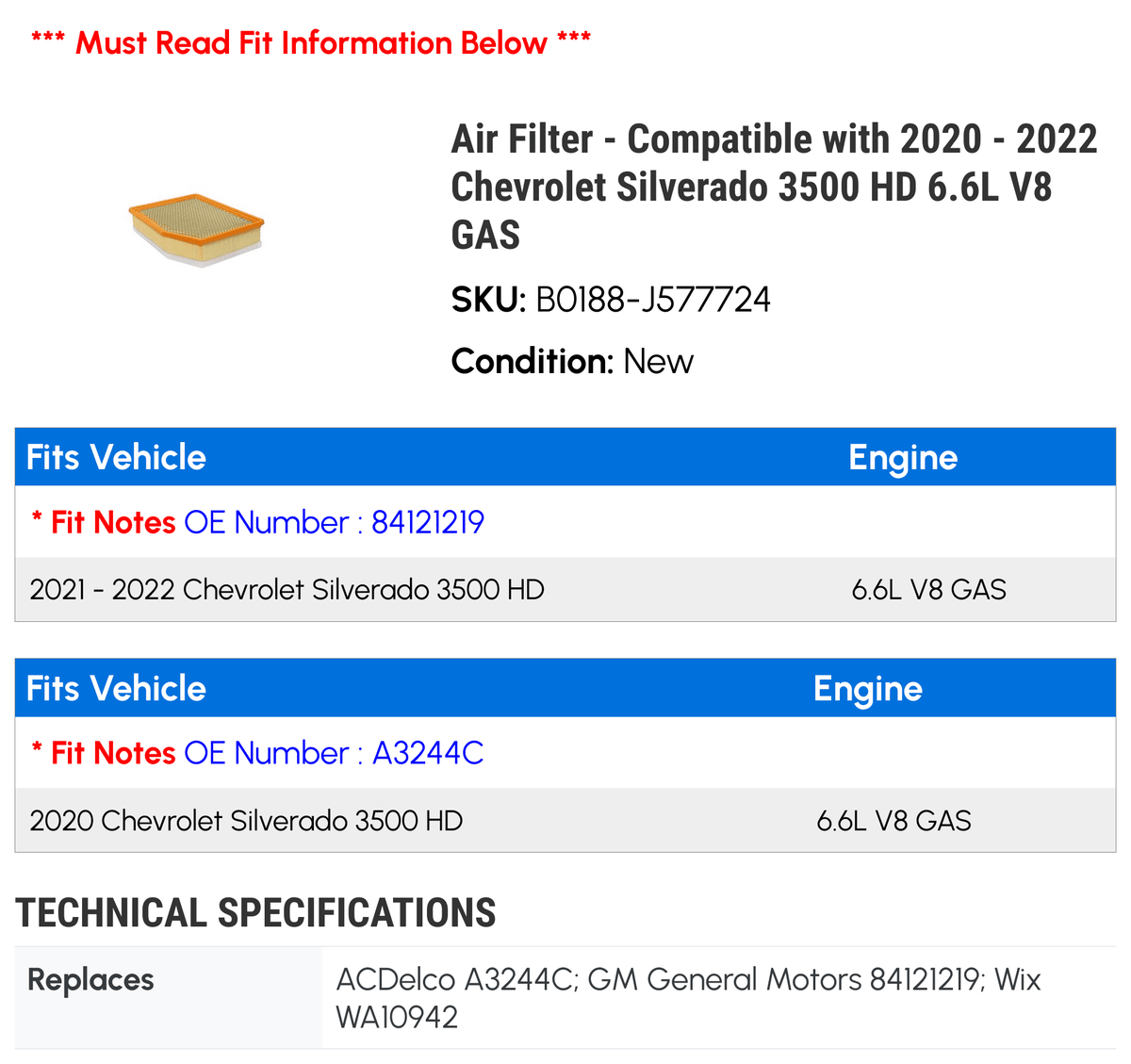 '- Compatible - 2021 GAS 2020 3500 Silverado Air 6.6L Filter with HD Chevy V8 2022