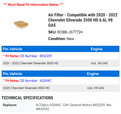 '- Compatible - 2021 GAS 2020 3500 Silverado Air 6.6L Filter with HD Chevy V8 2022