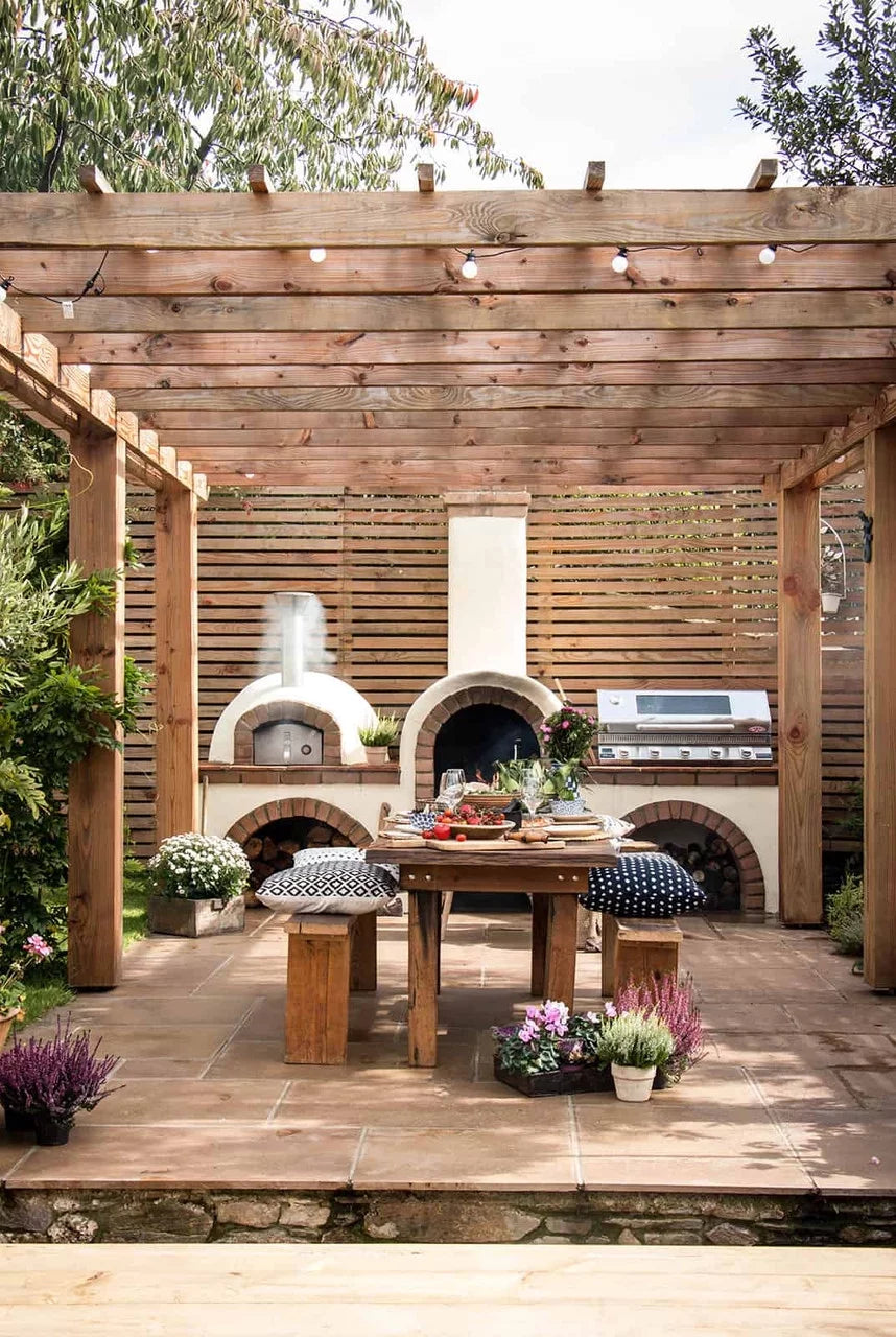 Cement Pizza exterior Circle Fired - Ovens / OP81 / Wood Mosaic Penny with Clay Tiled Pizza White Tiles Oven