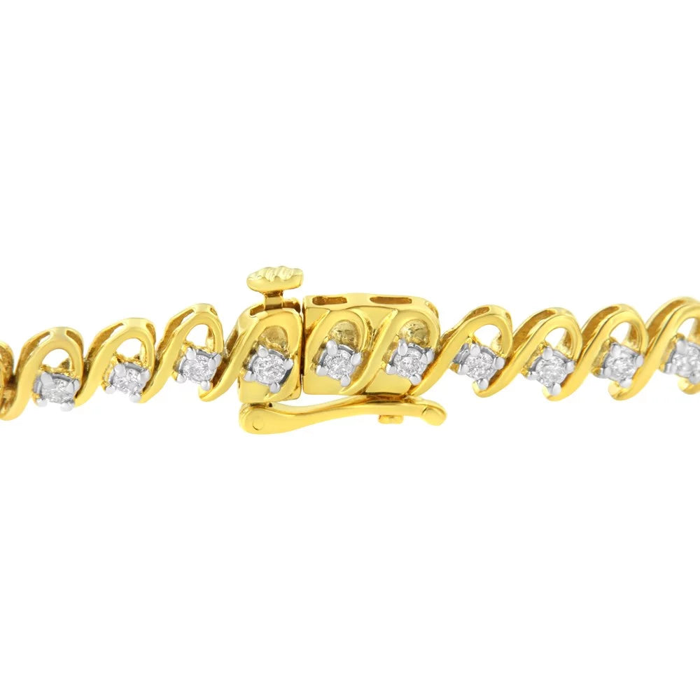 10K Yellow Gold Plated .925 Sterling Silver 1.0 Cttw Diamond Alternating Wave And Round Link Tennis Bracelet (I-J Color, I2-I3 Clarity) - 7.25"