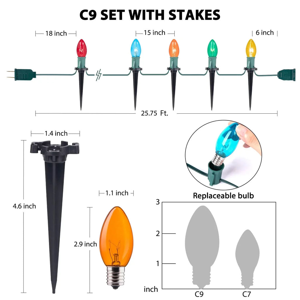 Alljoy Christmas Lights Outdoor C9 Christmas Pathway Lamp Patio Driveway Walkway Yard Stakes 51.5 Feet (2Sets)