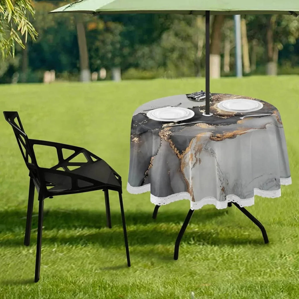 Hyjoy Natural Luxury Abstract Fluid Art Painting Round Tablecloth 60In,Waterproof Round Table Cloths With Umbrella Hole And Zipper,Party Patio Table Covers For Outdoor Backyard /Bbq/Picnic