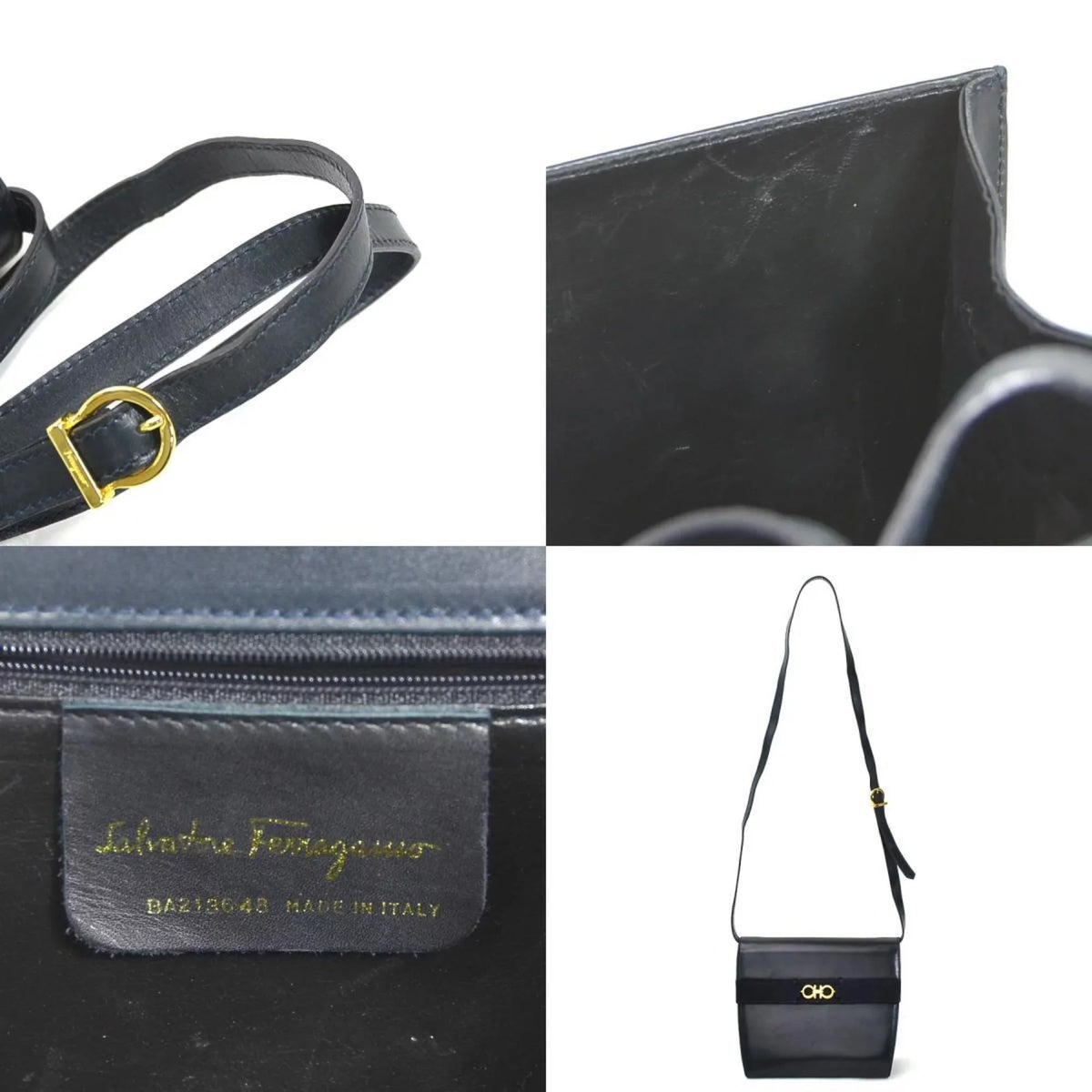 Gancini Bag Leather Navy Pre-Owned Salvatore Shoulder Ferragamo (Good) Gold Ladies