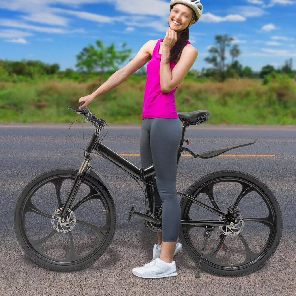 Miumaeov 26" Black Adult Folding Bike 21-Speed Shifter Folding City Bike Lamp Weight Carbon Steel Camping Bicycle Max Loading 150Kg/330Lbs