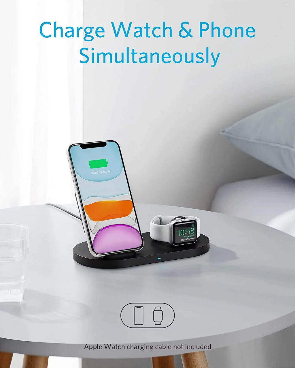 Anker Wireless Charging Station With Qc Charger, Powerwave Sense 2-In-1 Stand With Watch Charging Holder For Apple Watch Se/6/5/4/3/2/1, Iphone Se 2020, 11, 11 Pro (Watch Charging Cable Not Included)