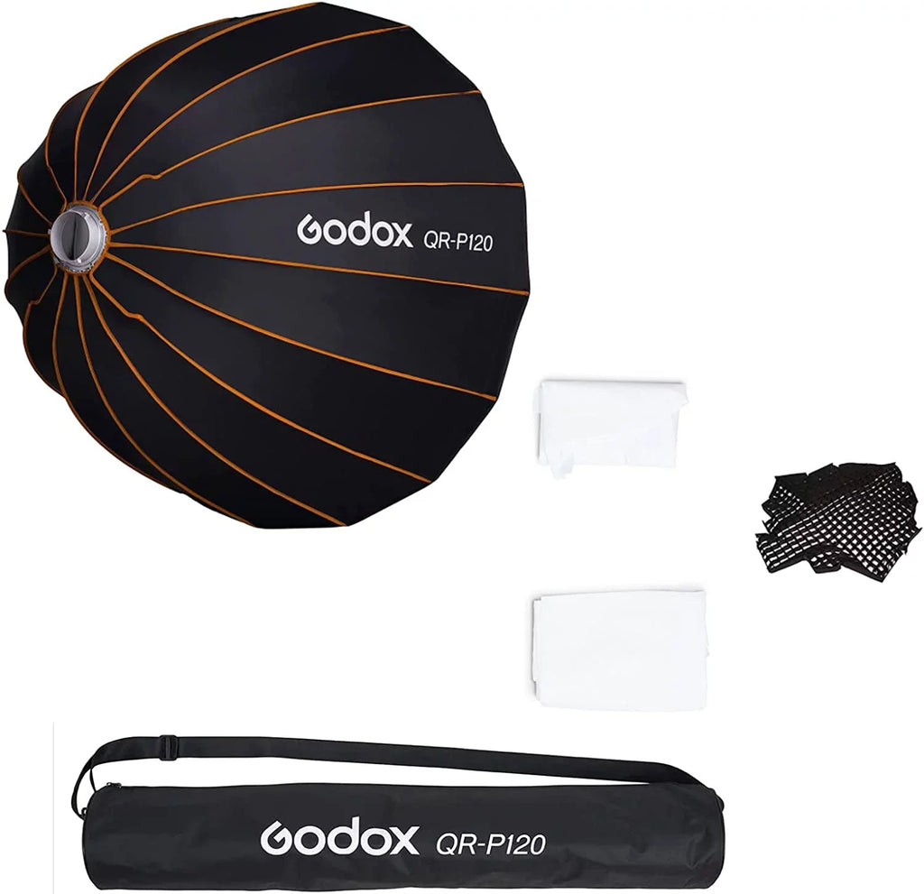 Godox Qr-P120 47.1 Inch/120Cm Parabolic Softbox Bowens Mount, Quick Release Parabolic Softbox, With Front & Inner Diffuser Sl-60W Ad600Bm Vl150 Ul150 Sl150Ii Amaran 100X 200D 200X W/Grid
