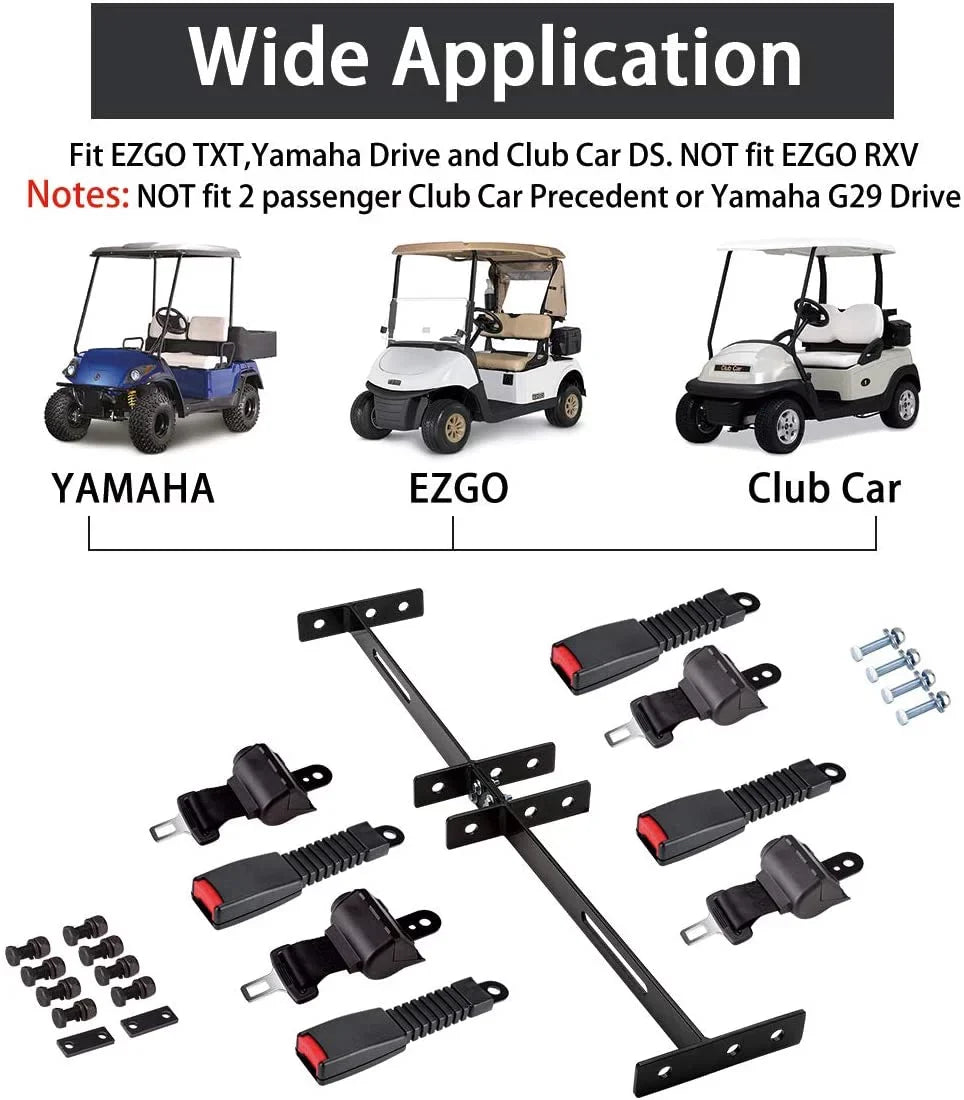 10L0L Golf Cart Seat Belts & Bracket Kit For Yamaha Ezgo Club Car 4 Seater Cart, Black