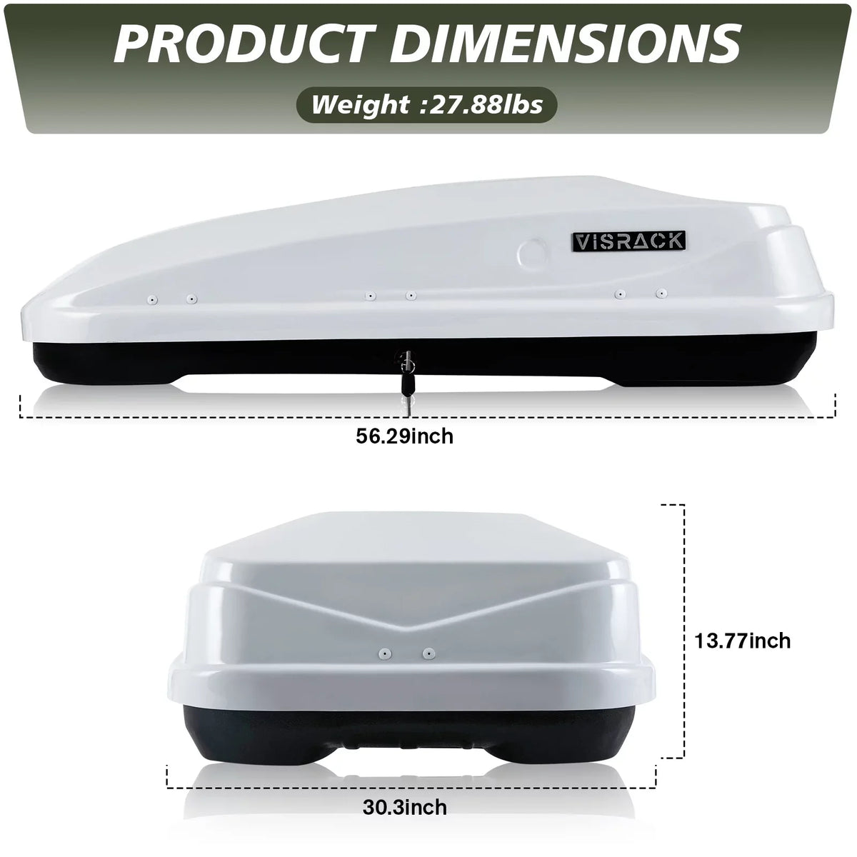 White 30.3" Rooftop L x Cargo Double Shell for Cargo Carrier Large Locks, 13 Hard ft³ SUV x Rooftop Waterproof Box 56.3" W 13.8" Cargo Rooftop with H, Box