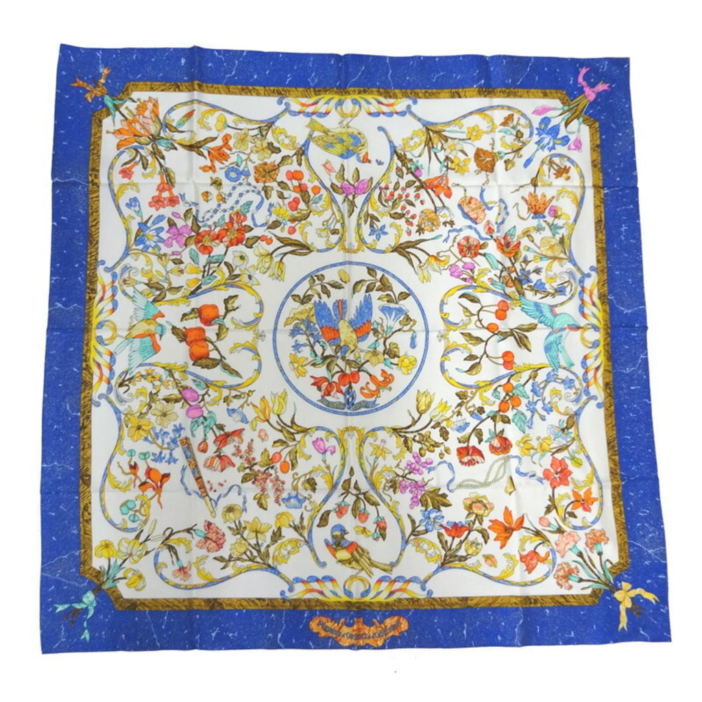 Pre-Loved Hermes Carre 90 Pierres D’ Orient Et Occident Oriental Stone And Western Stonework Women’S Scarf Muffler 100% Silk White/Blue (Like New)