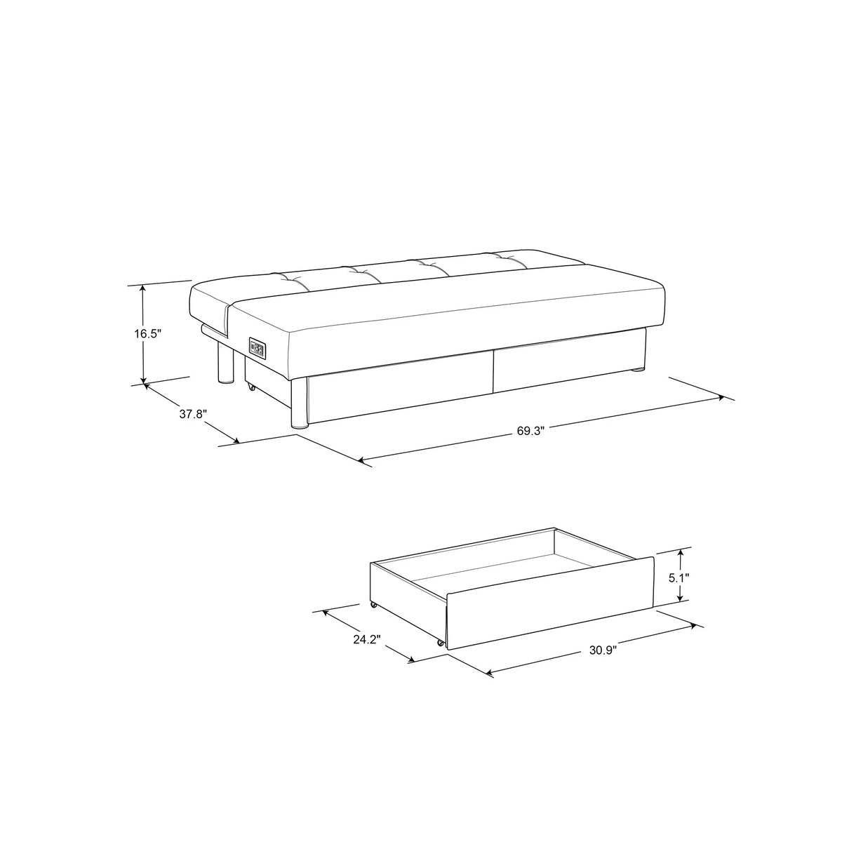 Fabric with and Serta Windsor Storage Power, Gray Futon