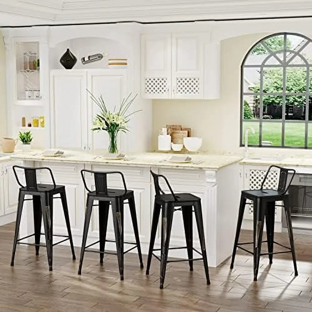 Spboomlife Metal Stools Set Of 4 Barstools Counter Height Stools With Back Industrial Stools Indoor Outdoor Kitchen Dining Chairs Modern Chairs Distressed Navy Navy 24Inch Stools