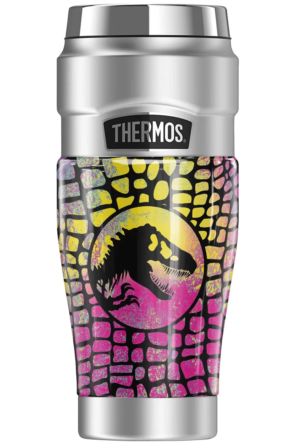 Jurassic Steel Scales Double THERMOS 16oz Travel insulated Tumbler, Neon Cmyk World Vacuum & KING Wall, STAINLESS Stainless