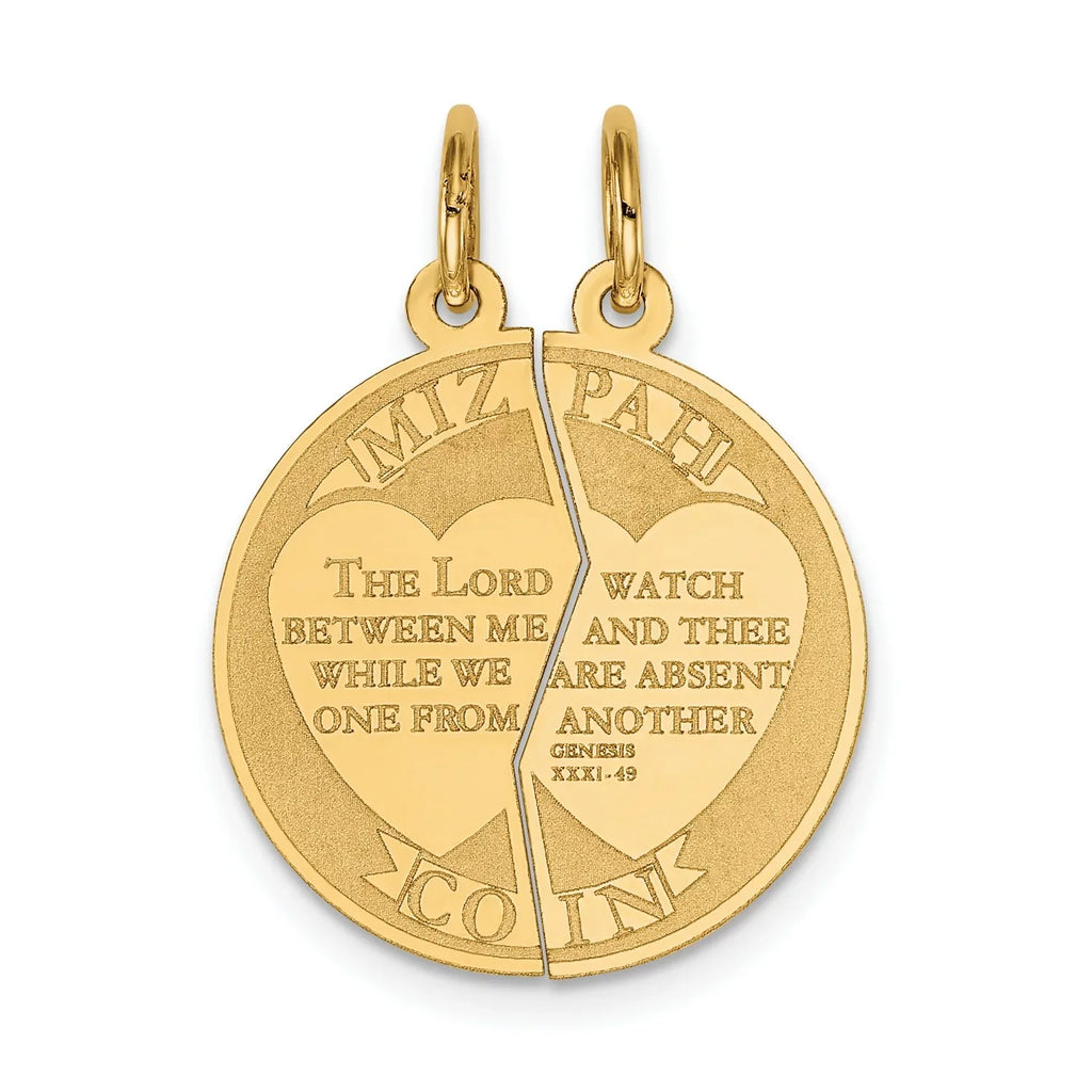 14K Yellow Gold Break Apart Mizpah Coin Emotional Bond Words Genesis 31:49 On Round Charm 26 Mm X 20 Mm