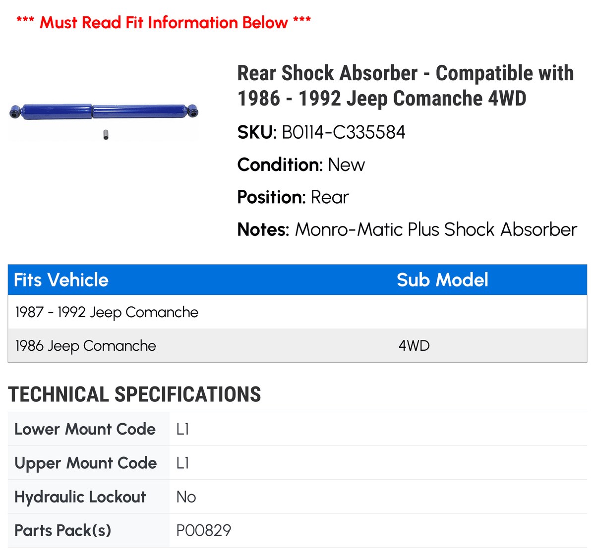 Rear Shock Absorber - Compatible With 1986 - 1992 Jeep Comanche 4Wd 1987 1988 1989 1990 1991