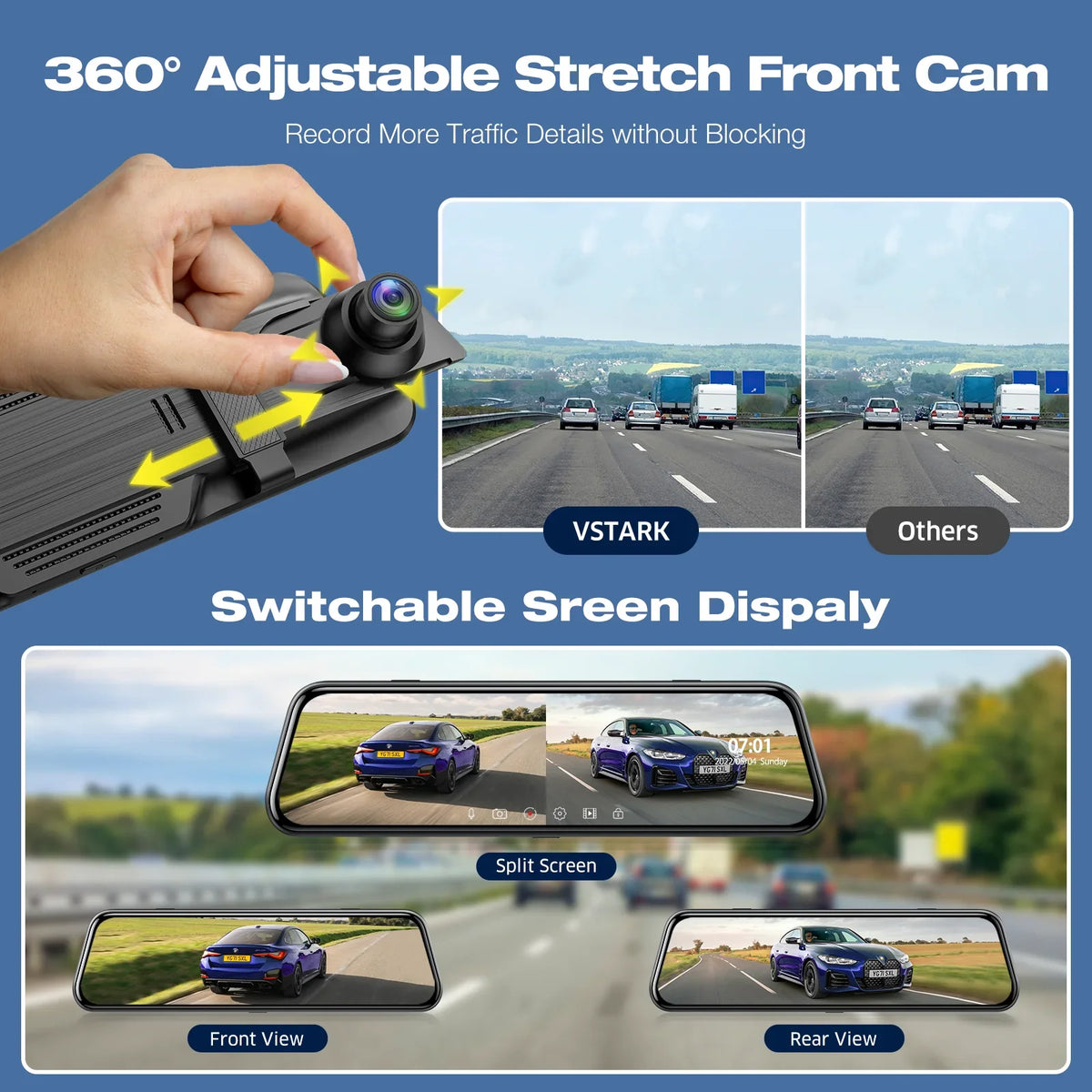 Toguard Backup Camera Rear View Mirror Camera, 10" Touch Screen 4K+1080P Front And Rear Dash Cam, With 64Gb Memory Card, Parking Assist, Parking Monitoring, Gps