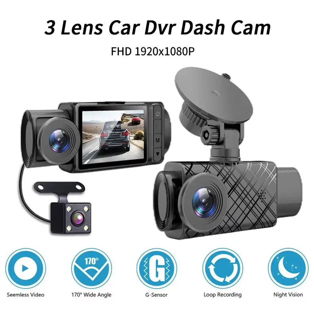 Front And Rear Camera Hd Dash Cam 2\\\" Triple Lens Car Dvr Video Driving Recorder