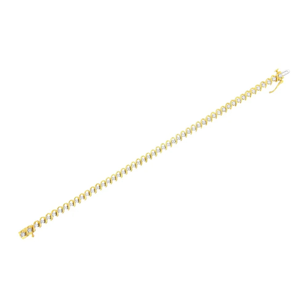 10K Yellow Gold Plated .925 Sterling Silver 1.0 Cttw Diamond Alternating Wave And Round Link Tennis Bracelet (I-J Color, I2-I3 Clarity) - 7.25"