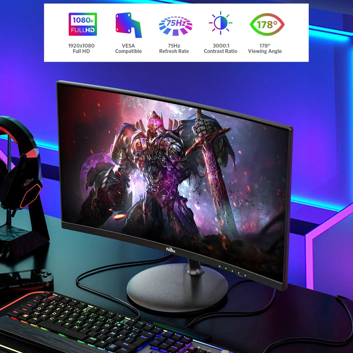 Fiodio with Ports 24" Monitor Rate Curved Cable LED Wall Ready Speakers, Mount 75Hz VESA 1080P (HDMI VGA FHD Refresh HDMI Included)