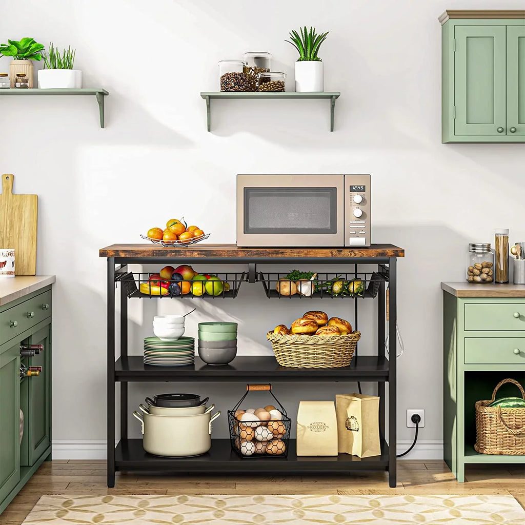Stckjxx Kitchen Island With Industrial Island Table With Power Outlets And Wire Baskets 3 Tier Microwave Oven Stand Butcher Block Island With Large Worktop 4 Hooks Rustic Brown