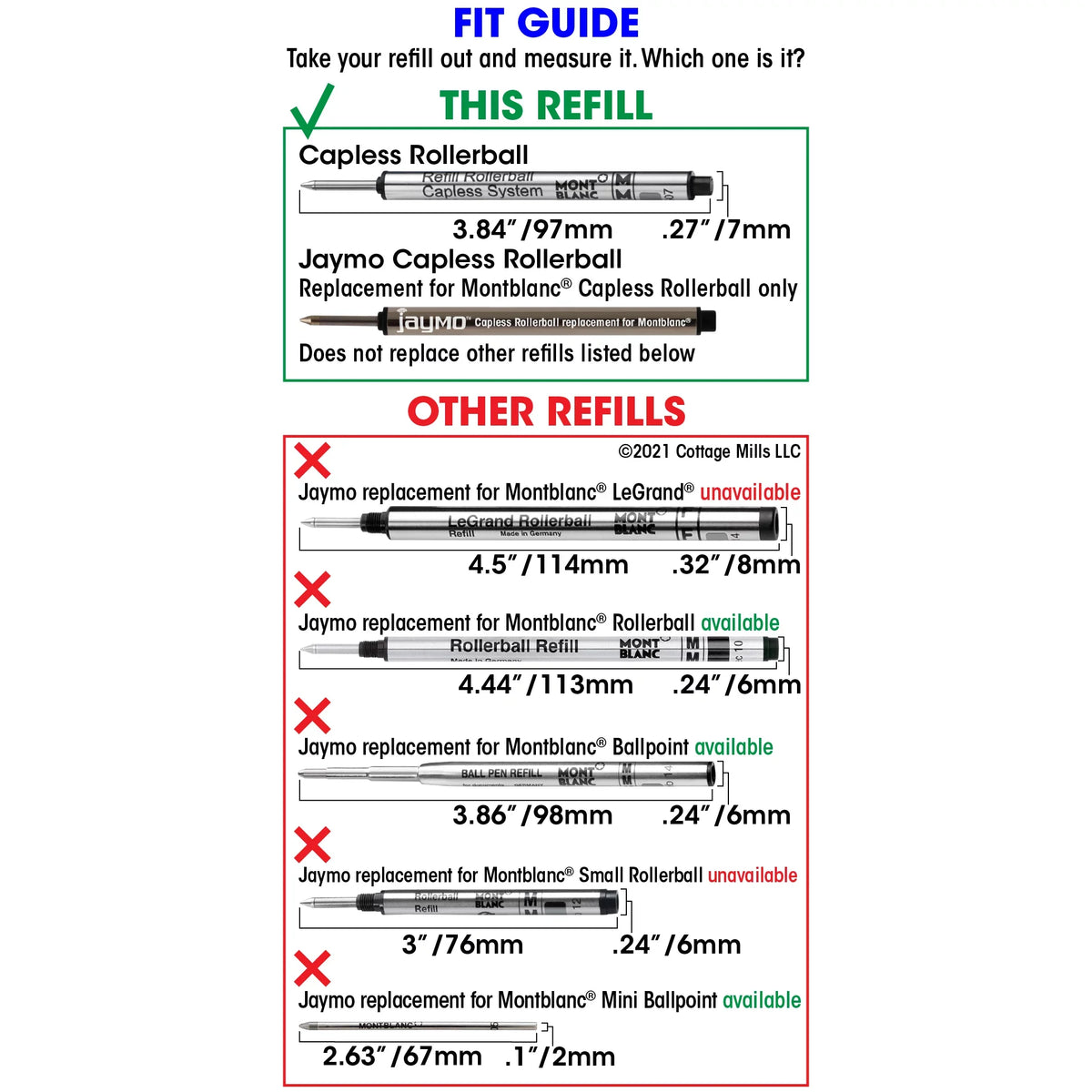 Jaymo Replacement For Montblanc 113778 - Measures 3.84 In / 97 Mm Long - Capless Rollerball Pen Refill - 12 Cerulean
