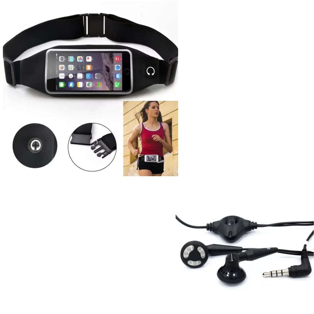 Black Sport Workout Belt Waist Bag Case W Headset Oem 3.5Mm Handsfree Earphones A6Z For Asus Zenfone Max Plus M1, Rog Phone, Ar 5Z 4 Pro 3 Max 2E 2 - Blackberry Z30, Priv, Dtek50, Leap, Motion